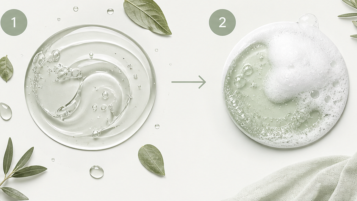 Вечерний double cleanse: мицеллярка и гель — двухэтапная абстрактная схема
